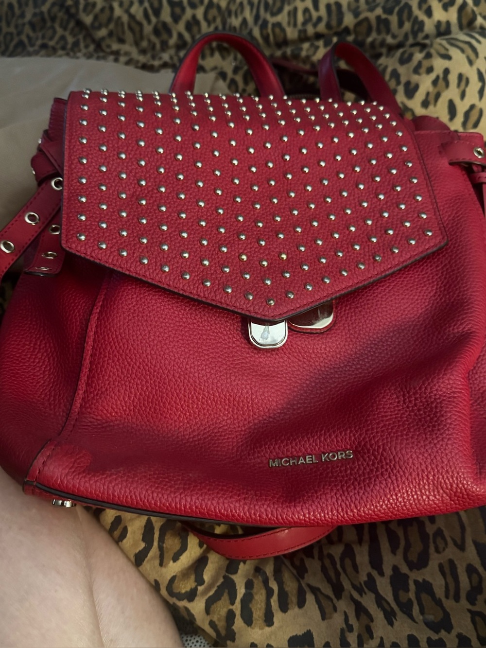Michael Kors Red Studded Pebbled Leather Backpack